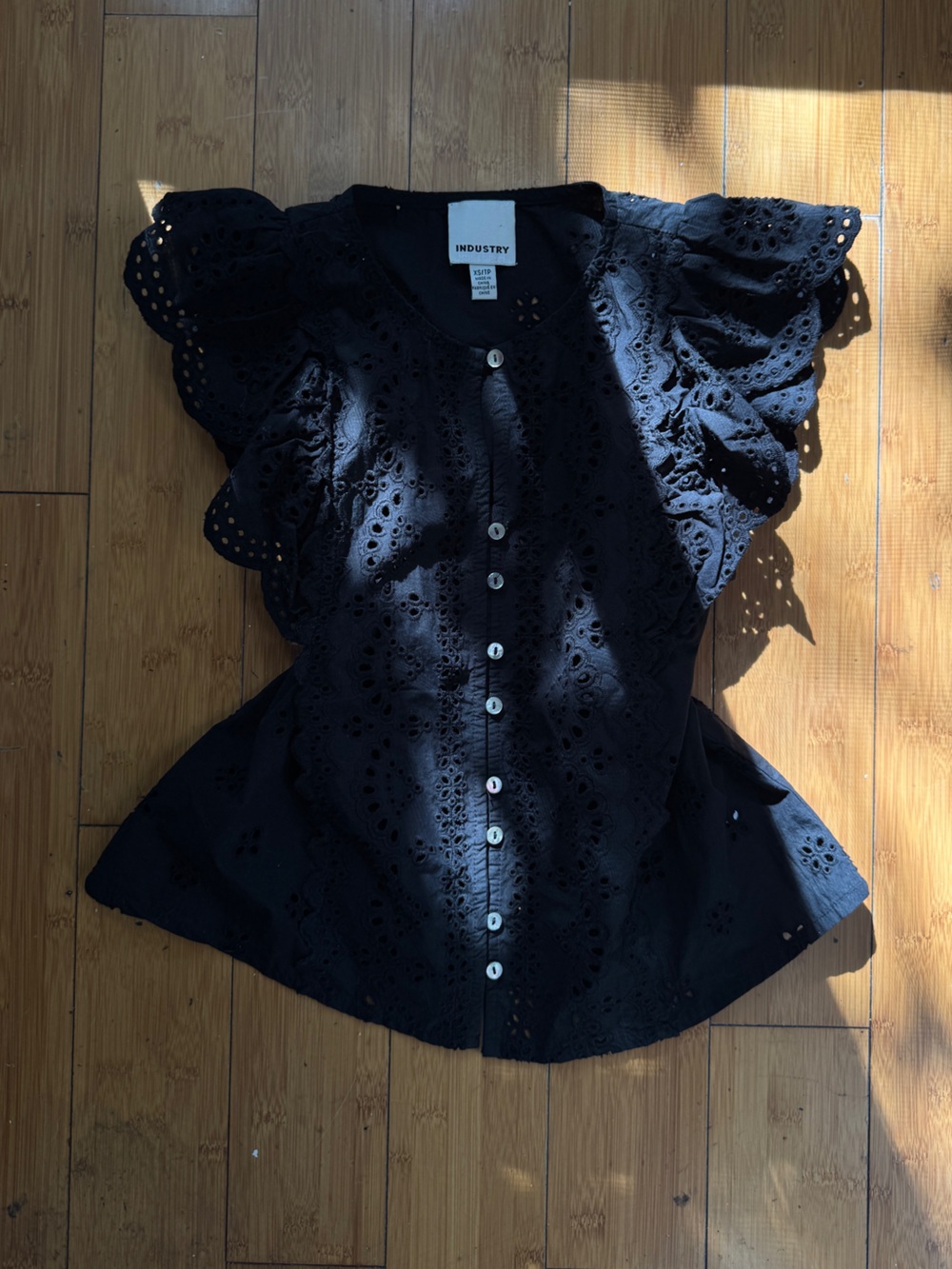 INDUSTRY Black Eyelet Ruffle Sleeve Button-Front Top